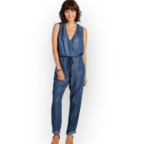 Love Stitch Tencel Chambray Jumpsuit Drawstring Waist Sleeveless Blue Size M - Picture 2 of 11